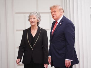 President Catherine Connolly welcomes US President Donald Trump as he arrives (James Manning/PA)